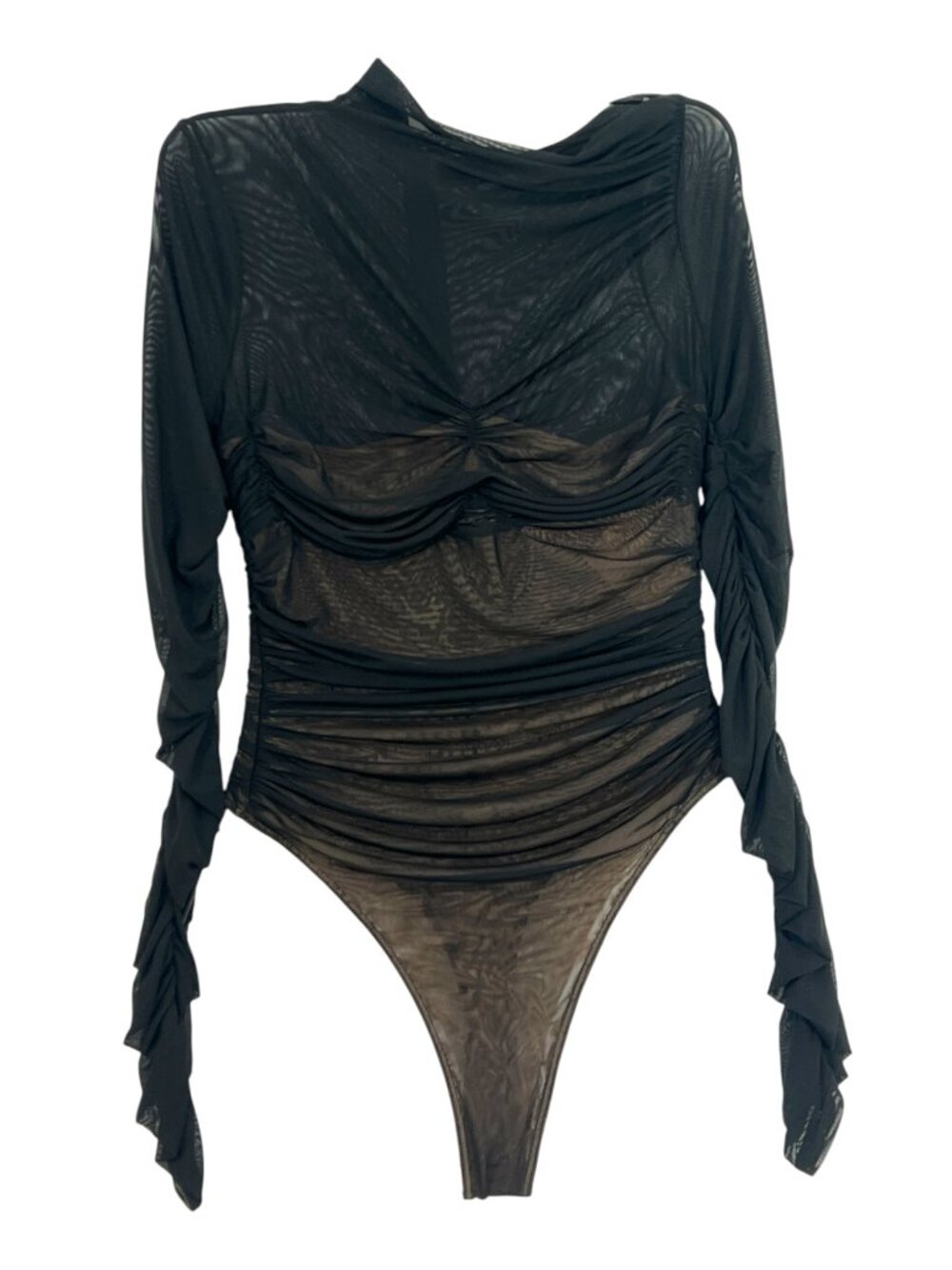 SER.O.YA Mila Mesh Ruched Bodysuit Asymmetrical Neck Black Small New $248